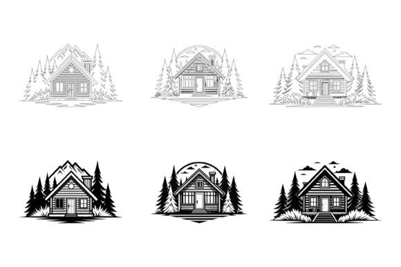 Set of Log Cabin and Alpine Fir Tree Illustrations That Actually Fit Your Workflow